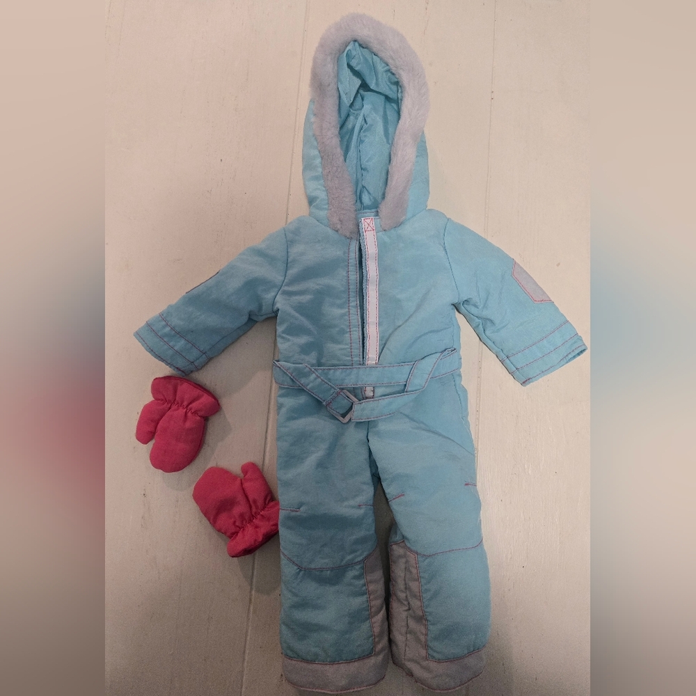 American Girl Blue Snowsuit with Pink Mittens